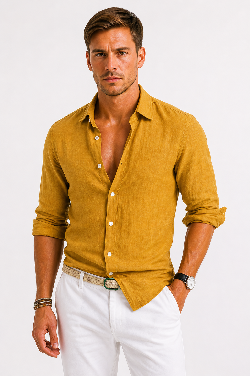 Edward | Men's Slim Fit Linen Shirt - Mustard