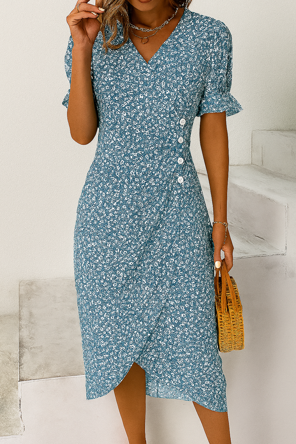 Elsie | Women's Floral V-Neck Midi Dress - Blue