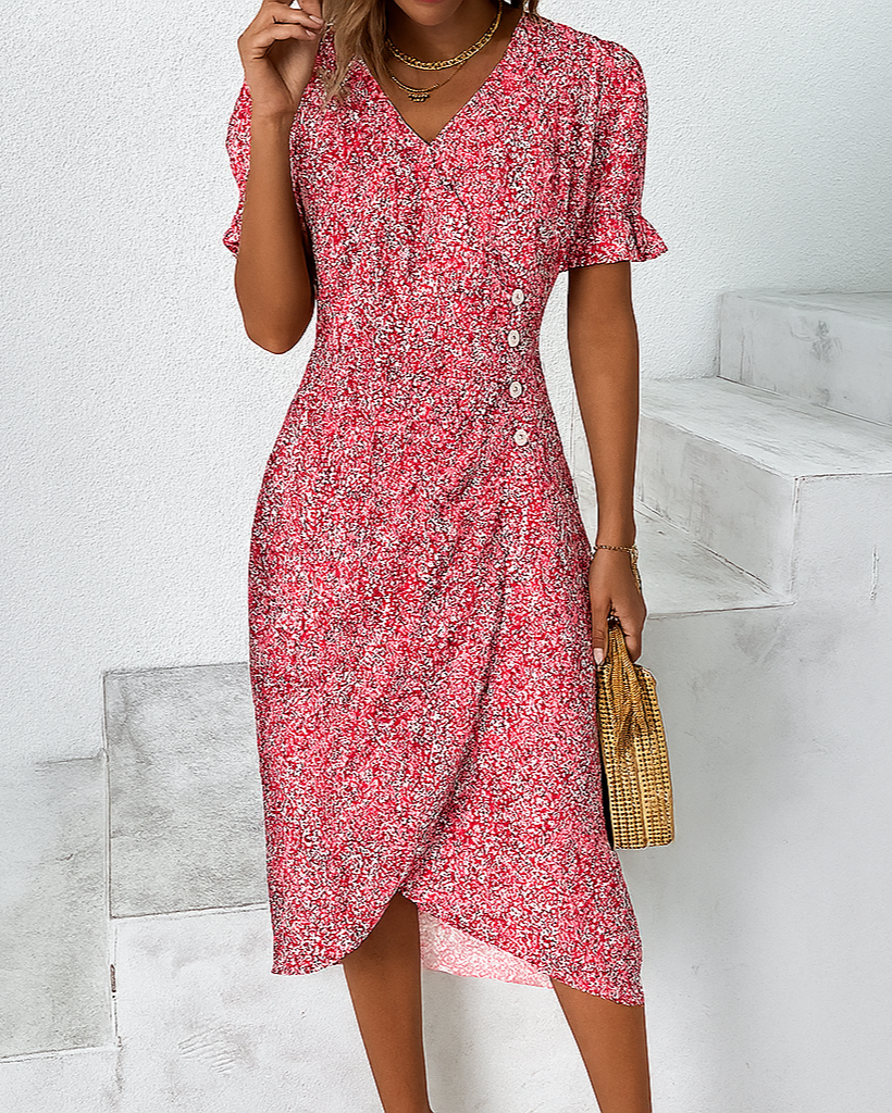 Elsie | Women's Floral V-Neck Midi Dress - Red
