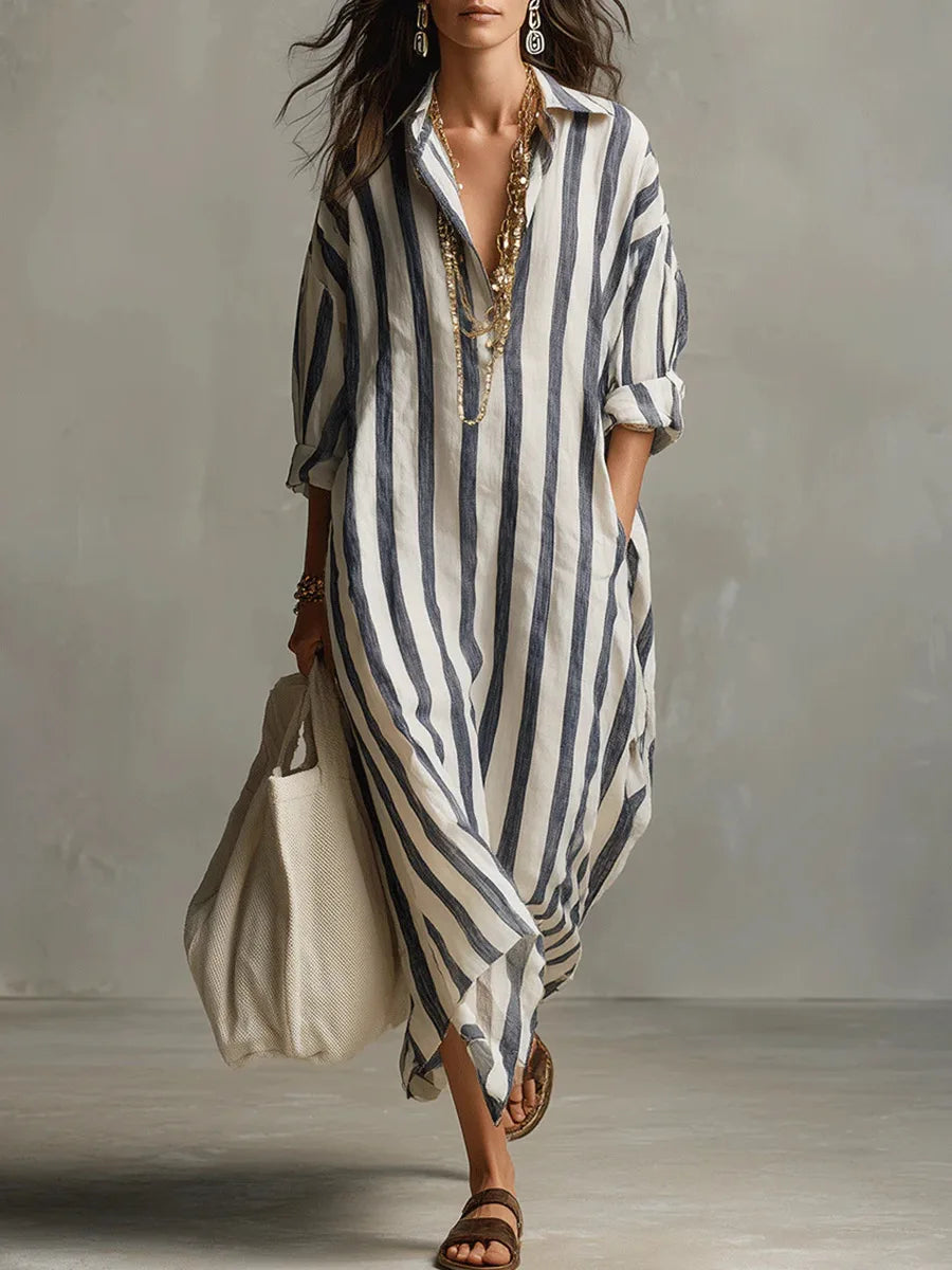 Elsie | Women's Linen Blend Maxi Shirt Dress - Blue