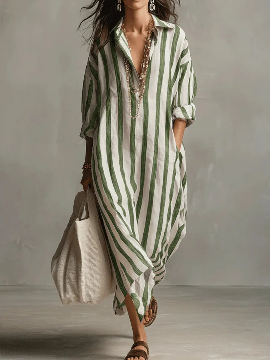 Elsie | Women's Linen Blend Maxi Shirt Dress - Green