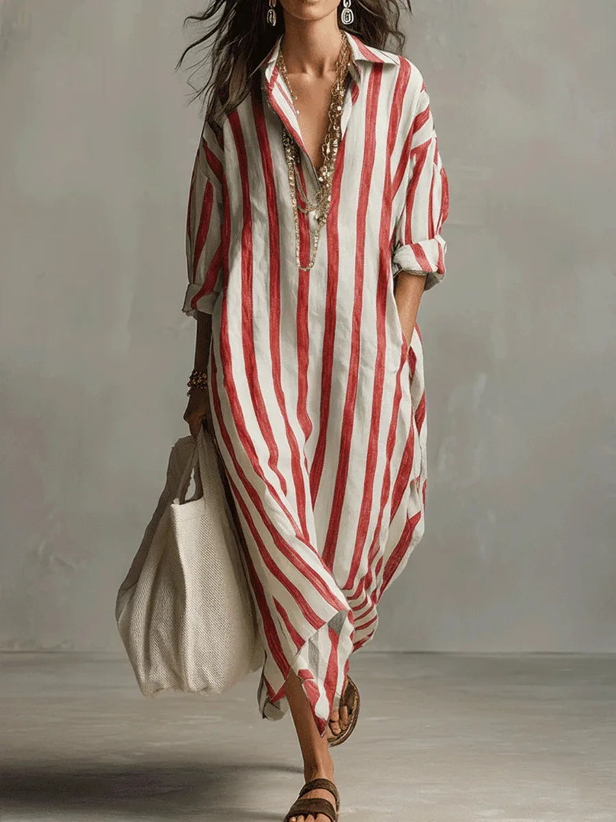 Elsie | Women's Linen Blend Maxi Shirt Dress - Red
