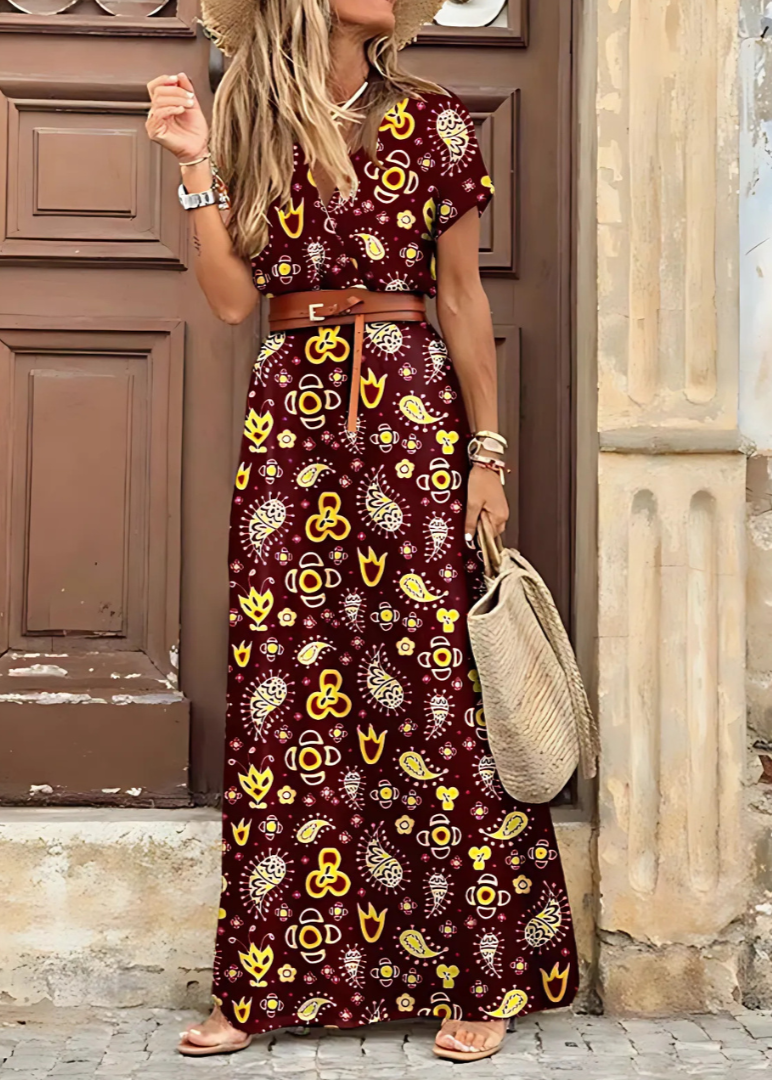 Emily | Women's Boho V-Neck Maxi Dress - Bordeaux