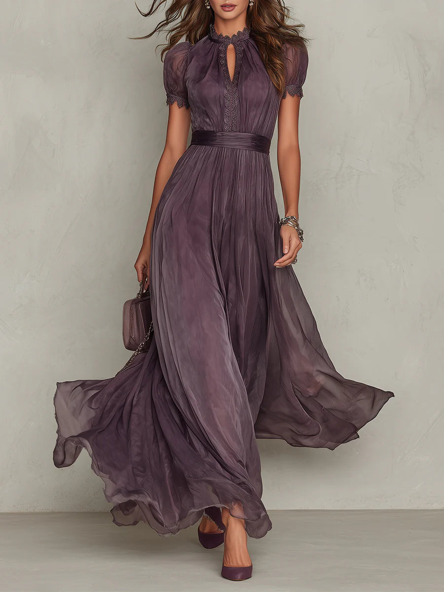 Faye | Women's Chiffon Lace Trim Maxi Dress - Purple
