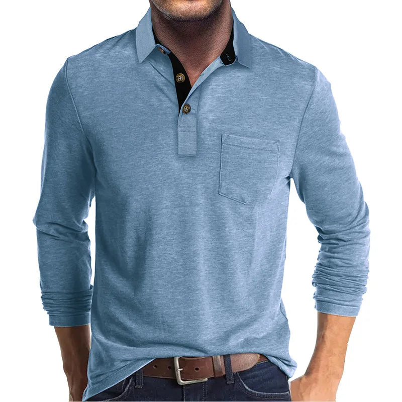 George | Men's Long Sleeve Cotton Blend Polo Shirt - Light blue