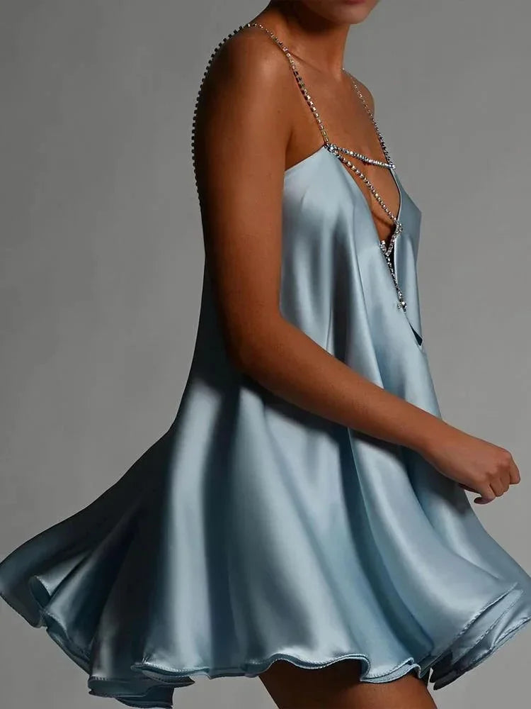 Georgia | Women's Satin Chain Mini Dress - Blue