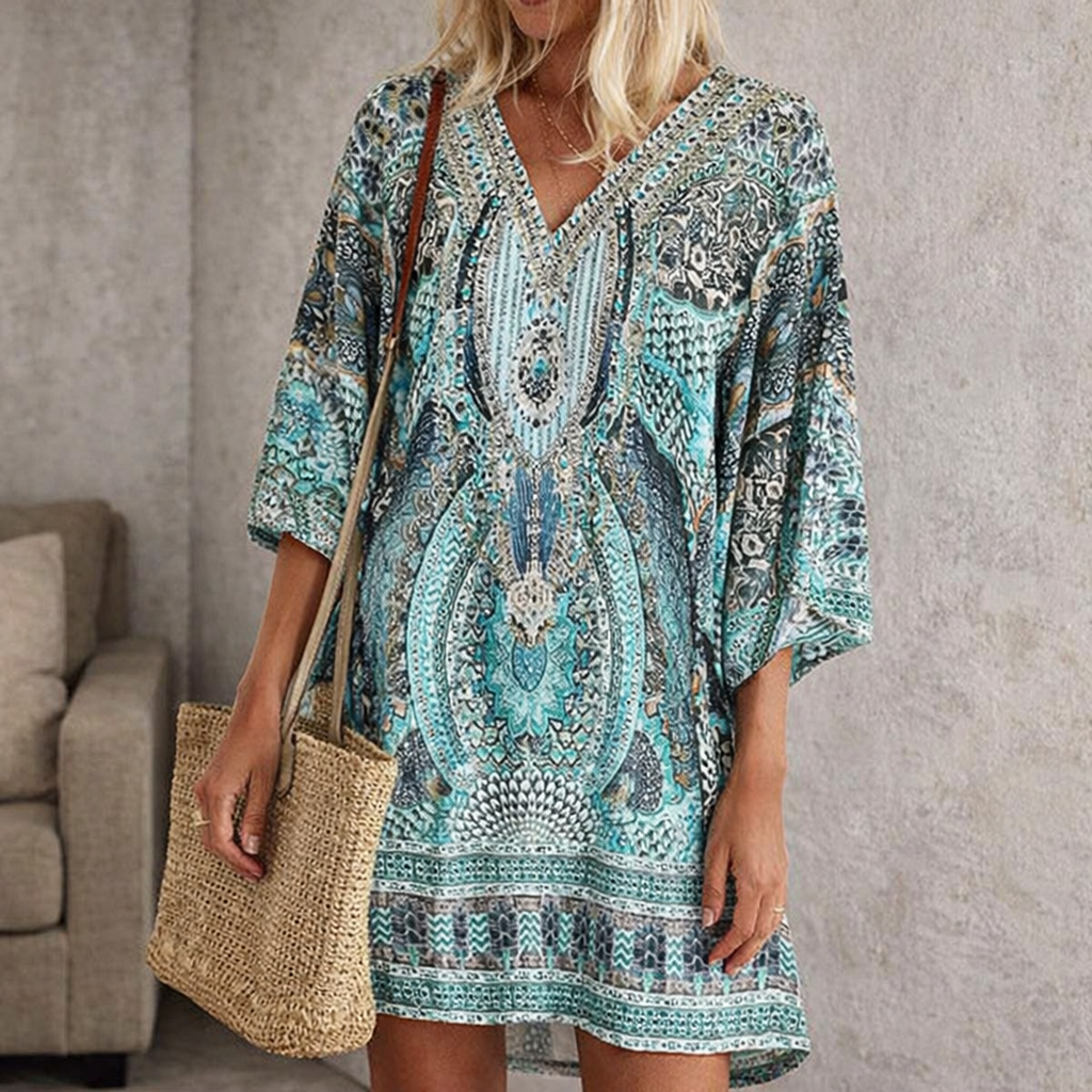 Harriet | Women's Boho V-Neck Beach Dress - Blue