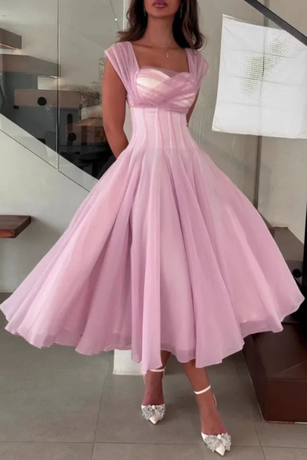 Hazel | Women's Tulle Sweetheart Neck Midi Dress - view 6