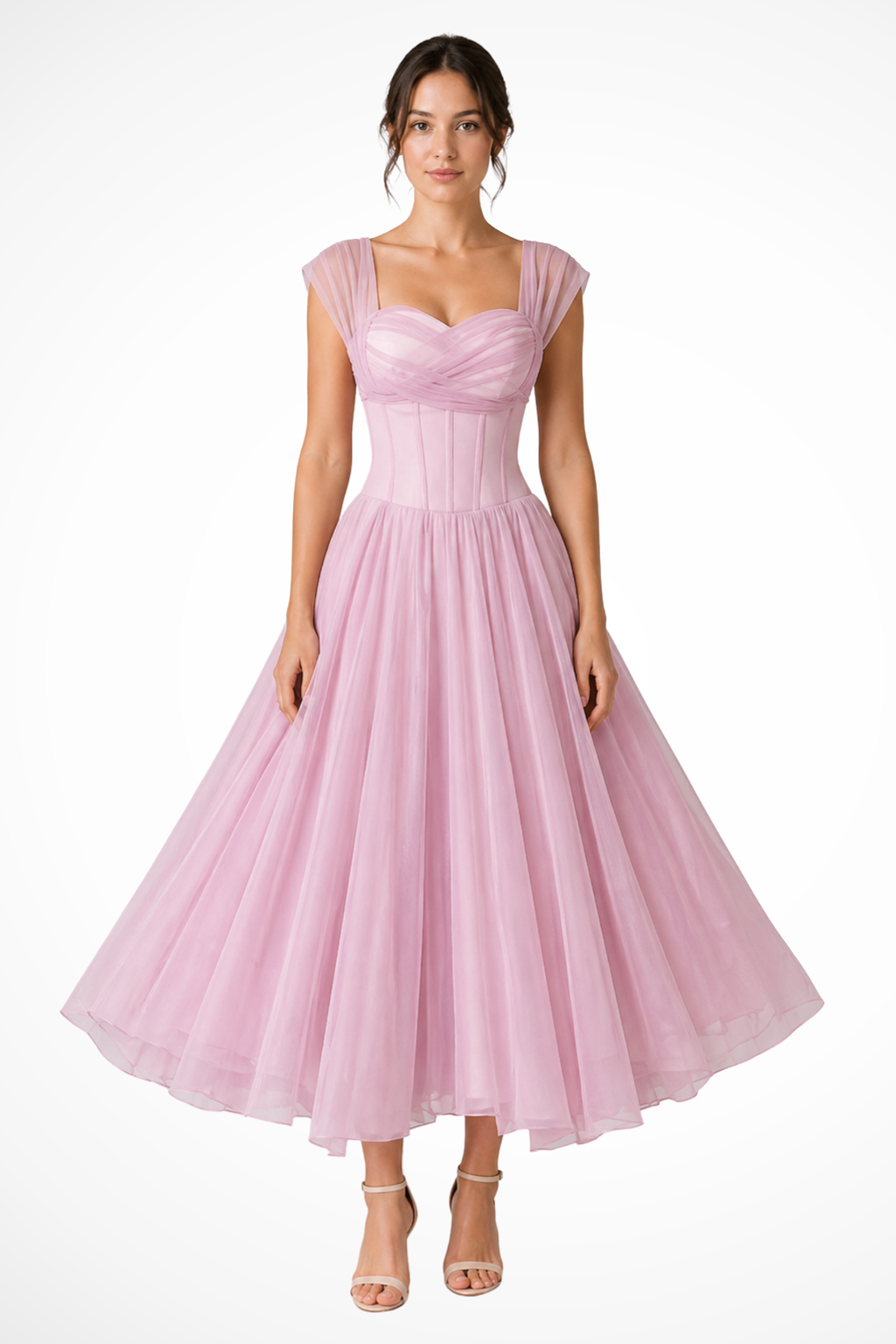 Hazel | Women's Tulle Sweetheart Neck Midi Dress - Pink