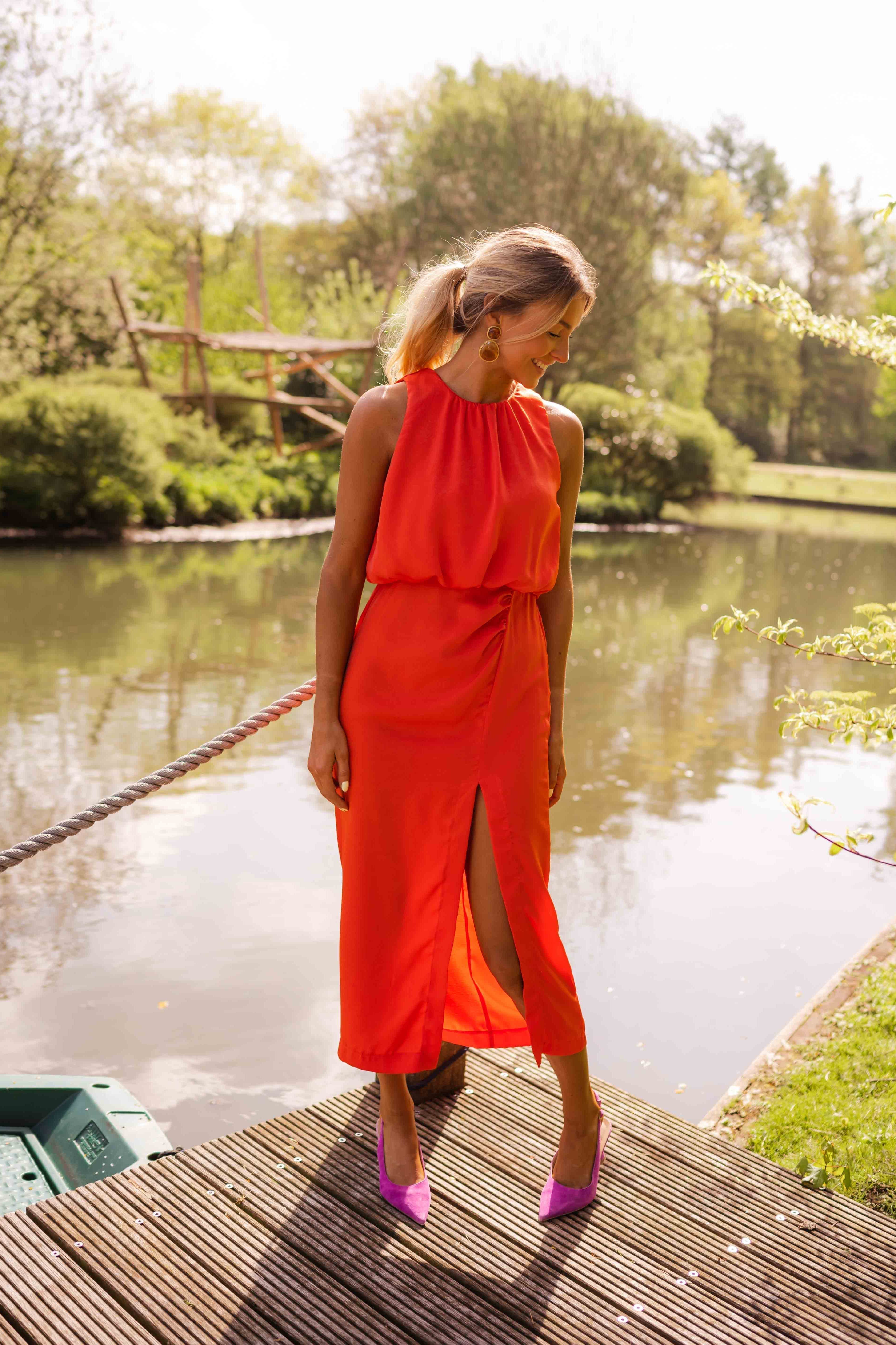Henrietta | Women's Halterneck Midi Dress with Side Slit - view 9