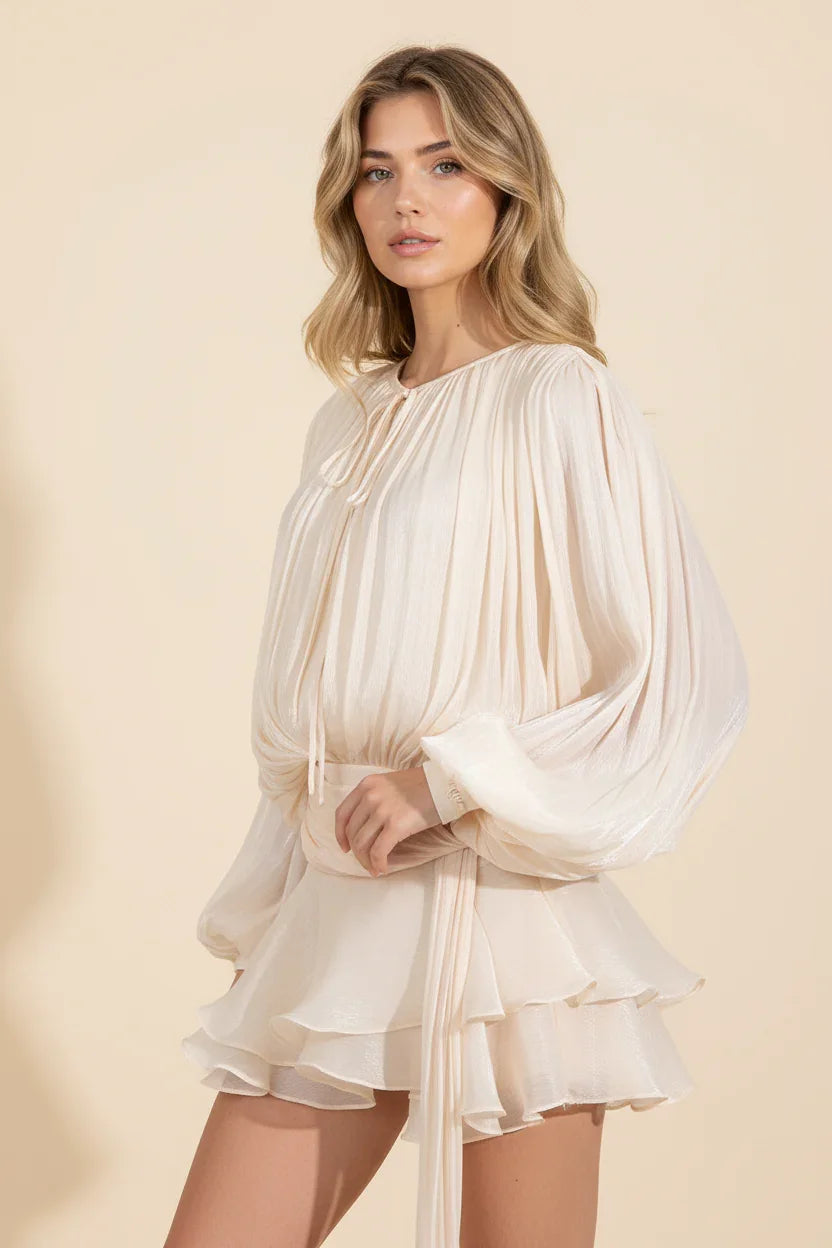 Imogen | Women's Balloon Sleeve Flowy Mini Dress - Champagne