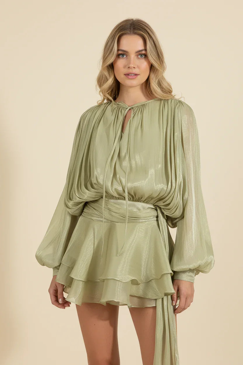 Imogen | Women's Balloon Sleeve Flowy Mini Dress - Green