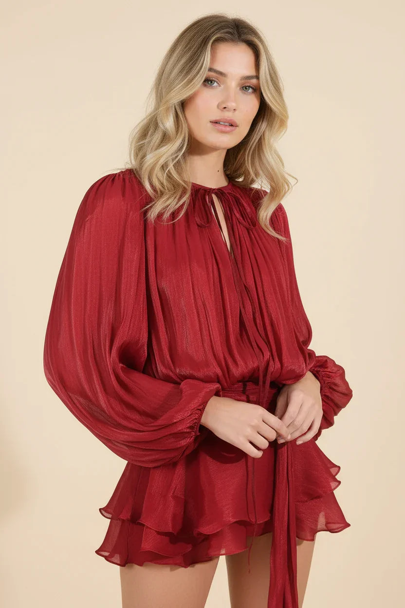 Imogen | Women's Balloon Sleeve Flowy Mini Dress - Red