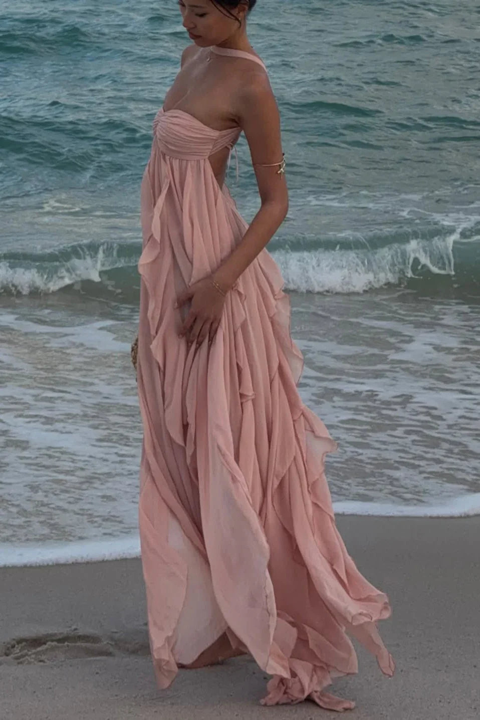 Ivy | Women's Halterneck Chiffon Maxi Dress - Baby pink