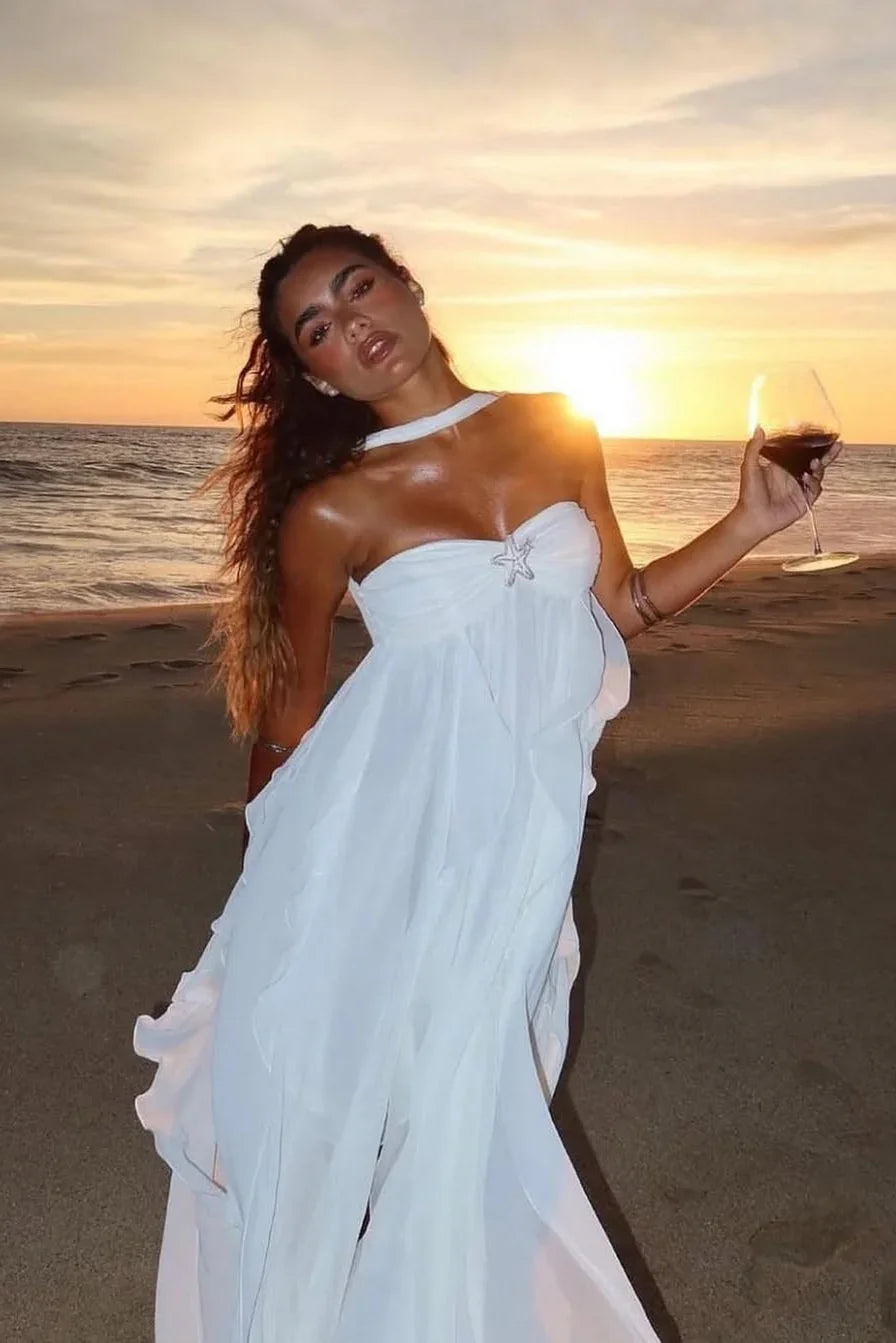 Ivy | Women's Halterneck Chiffon Maxi Dress - White