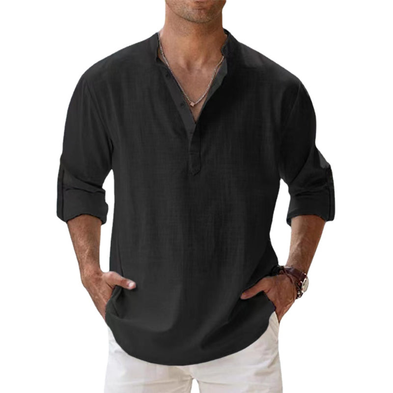 James | Men's Linen Long Sleeve Henley Shirt - Black