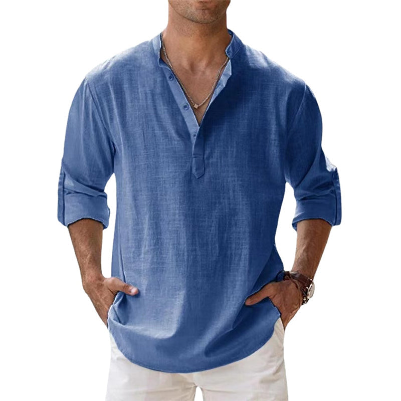 James | Men's Linen Long Sleeve Henley Shirt - Blue