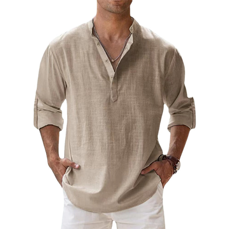 James | Men's Linen Long Sleeve Henley Shirt - Khaki