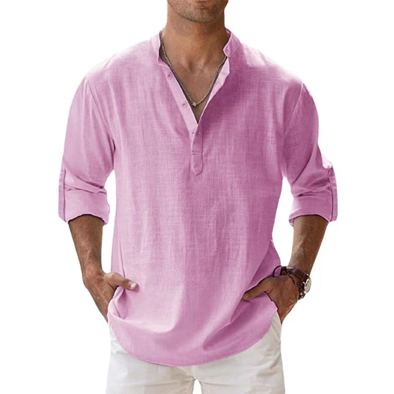James | Men's Linen Long Sleeve Henley Shirt - Pink