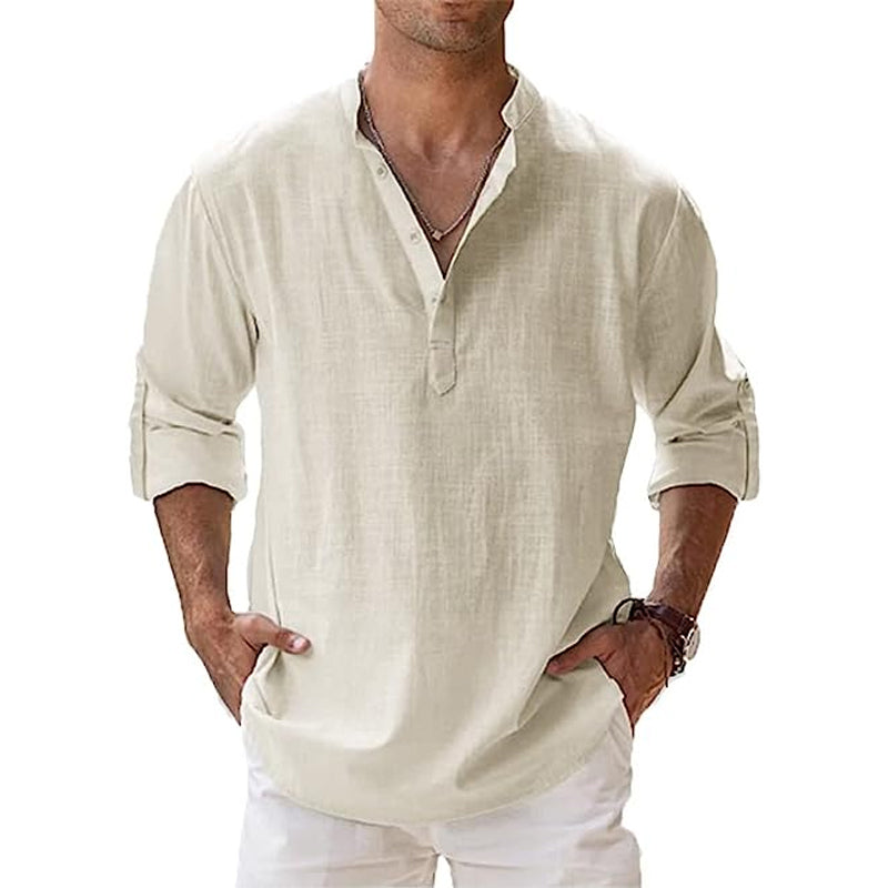 James | Men's Linen Long Sleeve Henley Shirt - White