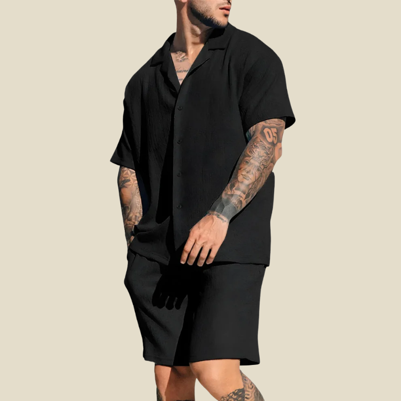 Kai | Men's Camp Collar Shirt & Shorts Set - Black