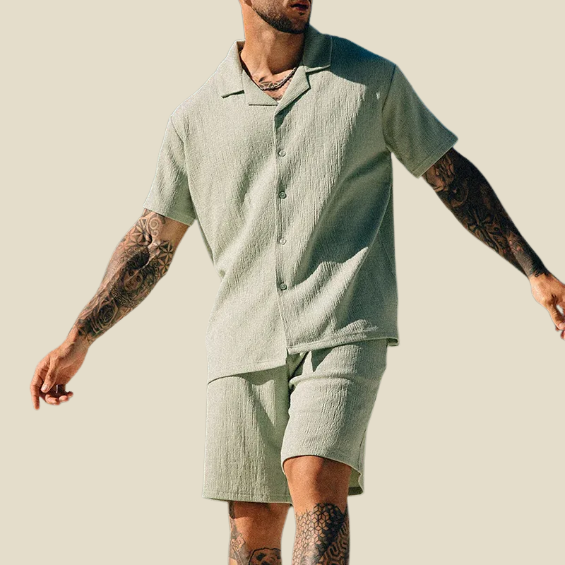 Kai | Men's Camp Collar Shirt & Shorts Set - Green