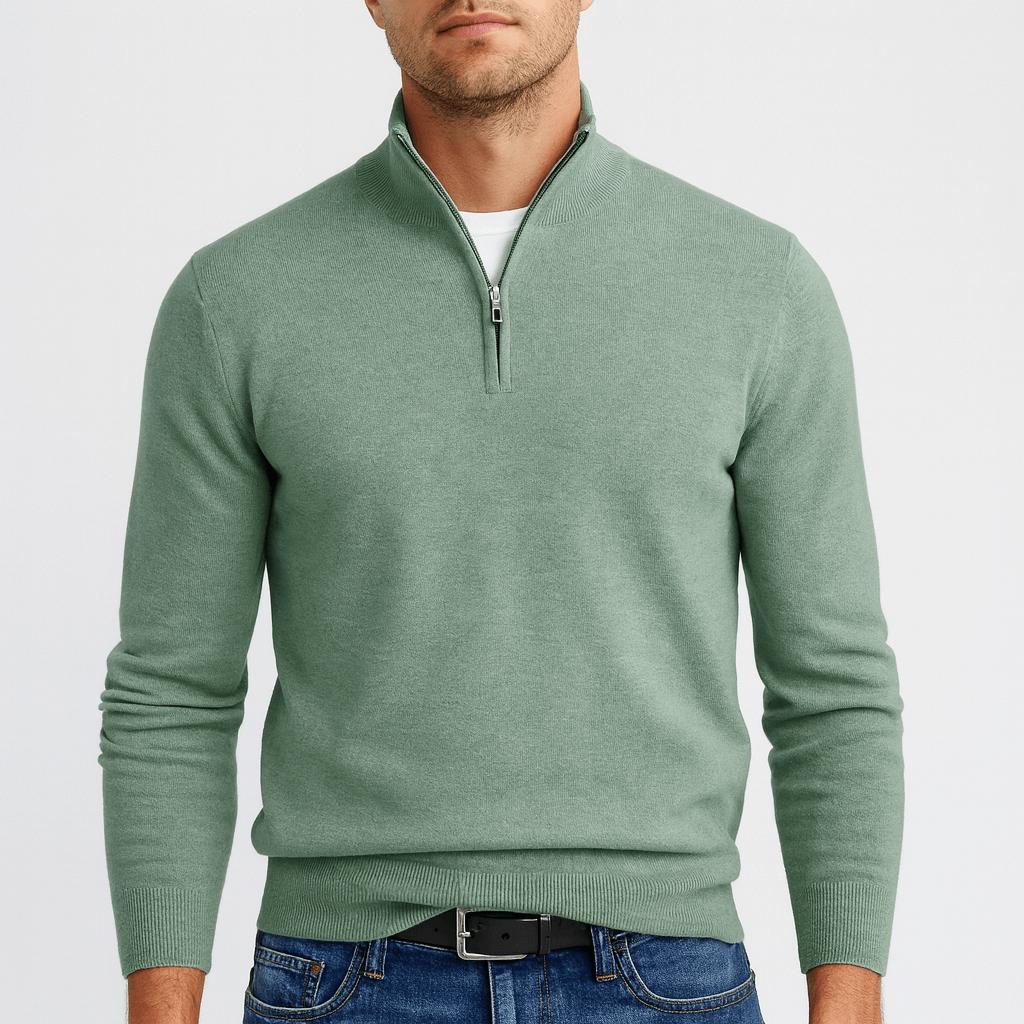 Kasper | Stickad halfzip-tröja i merinoull för herr - Grön