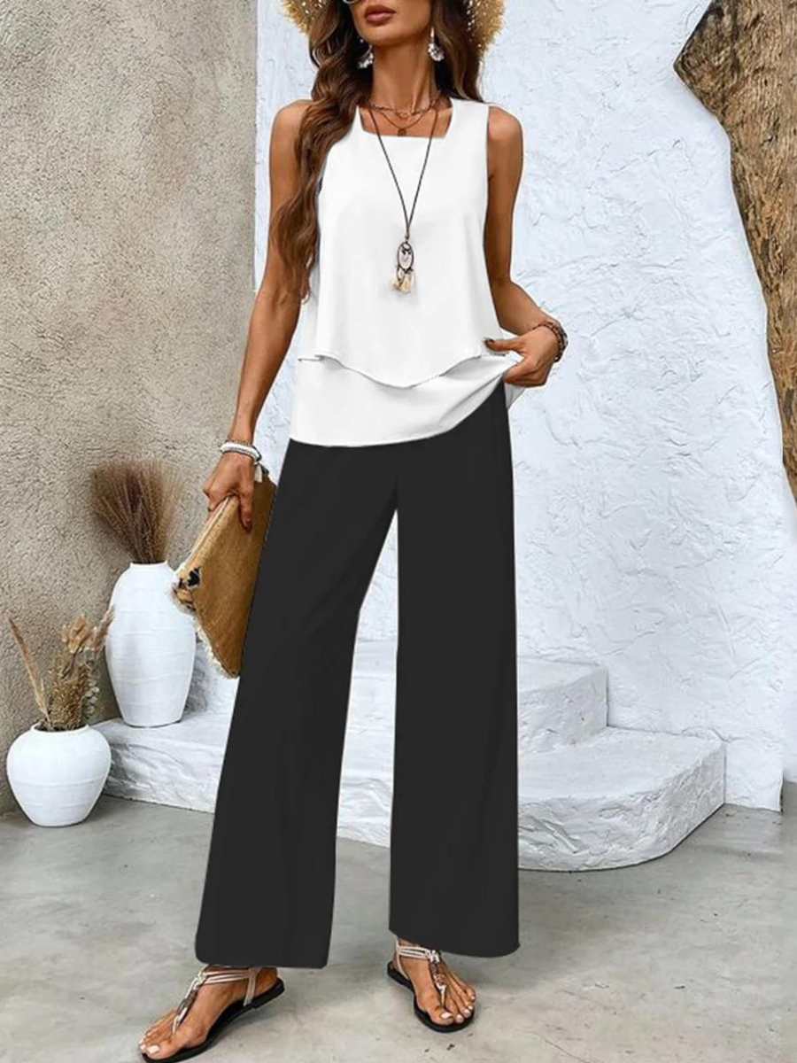 Lily | Women's Layered Top and Wide Leg Pants Set - Black and White