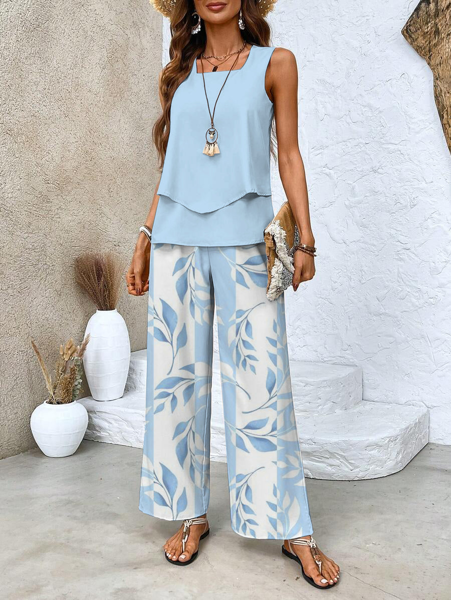 Lily | Women's Layered Top and Wide Leg Pants Set - Powder Blue Leaf
