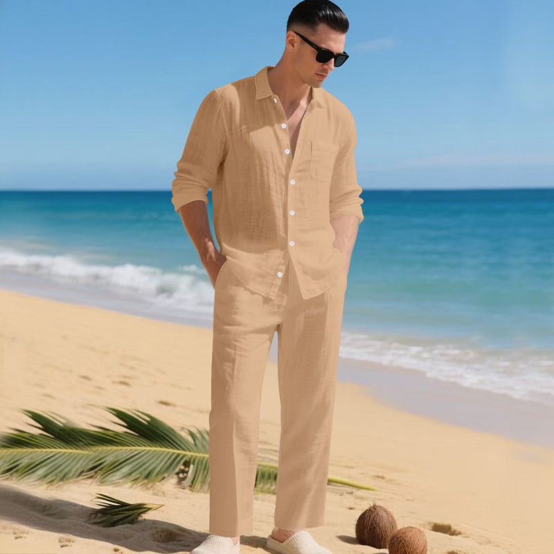 Logan | Men's Linen Shirt & Trousers Set - Dark brown
