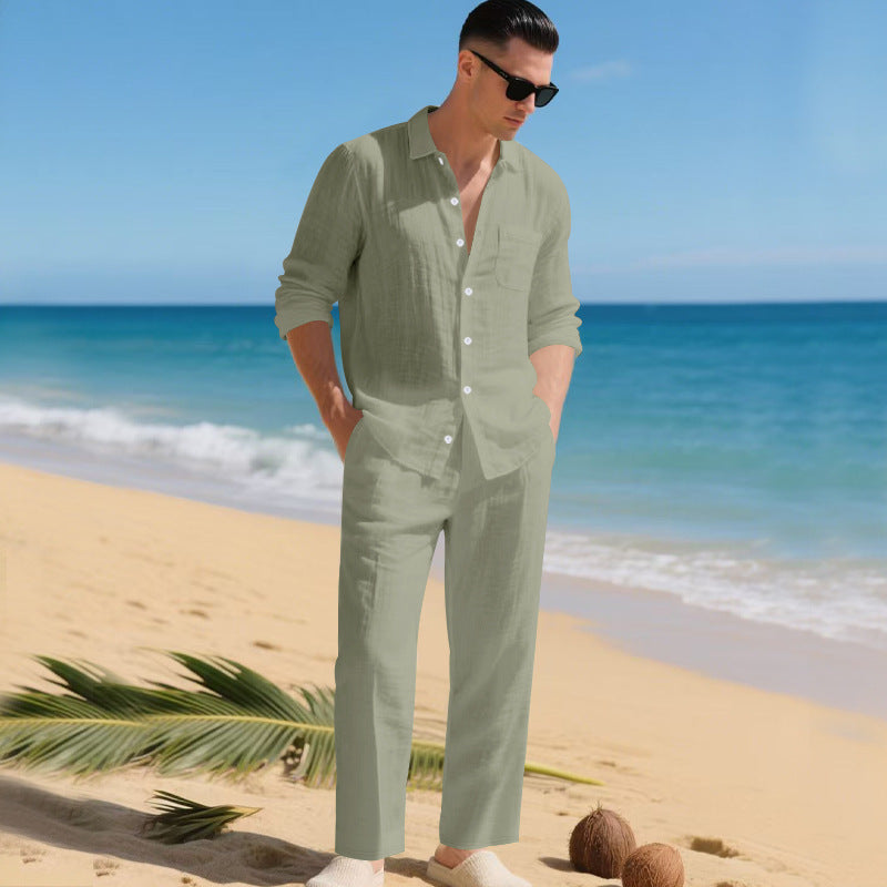 Logan | Men's Linen Shirt & Trousers Set - Dark green