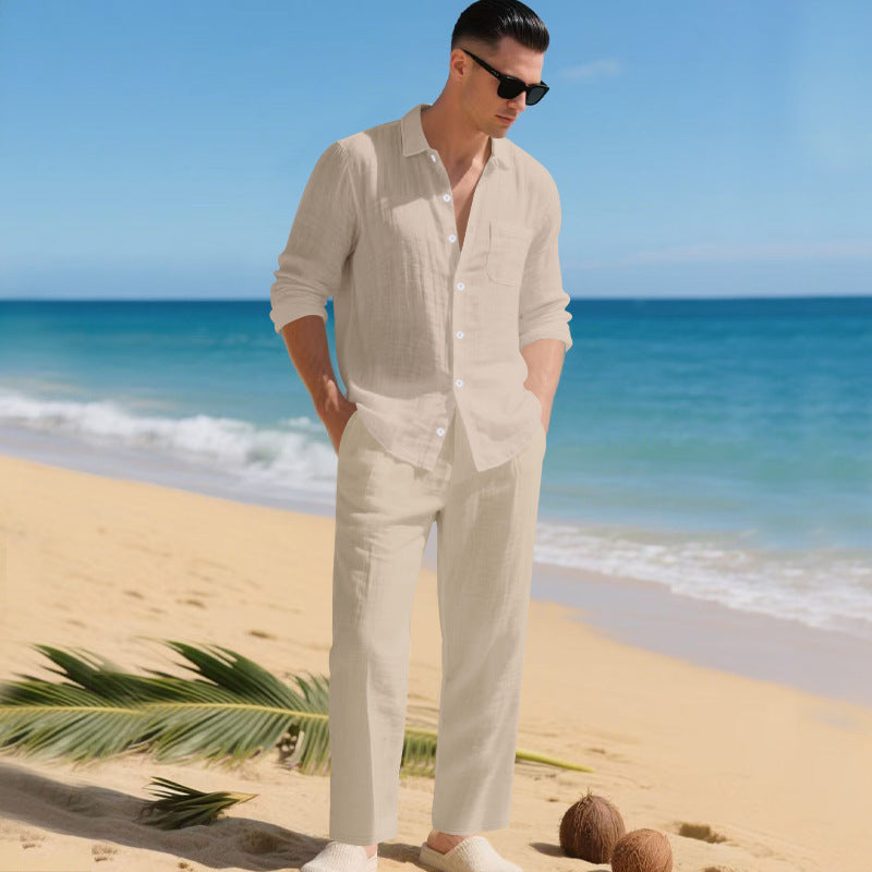 Logan | Men's Linen Shirt & Trousers Set - Light brown