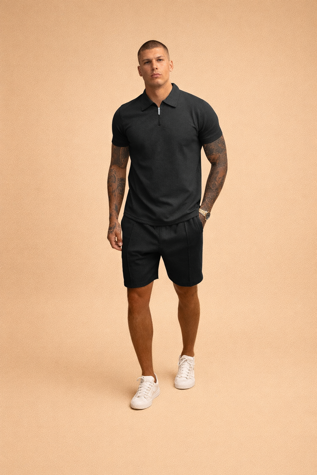 Logan | Men's Zip Polo and Shorts Set - Black