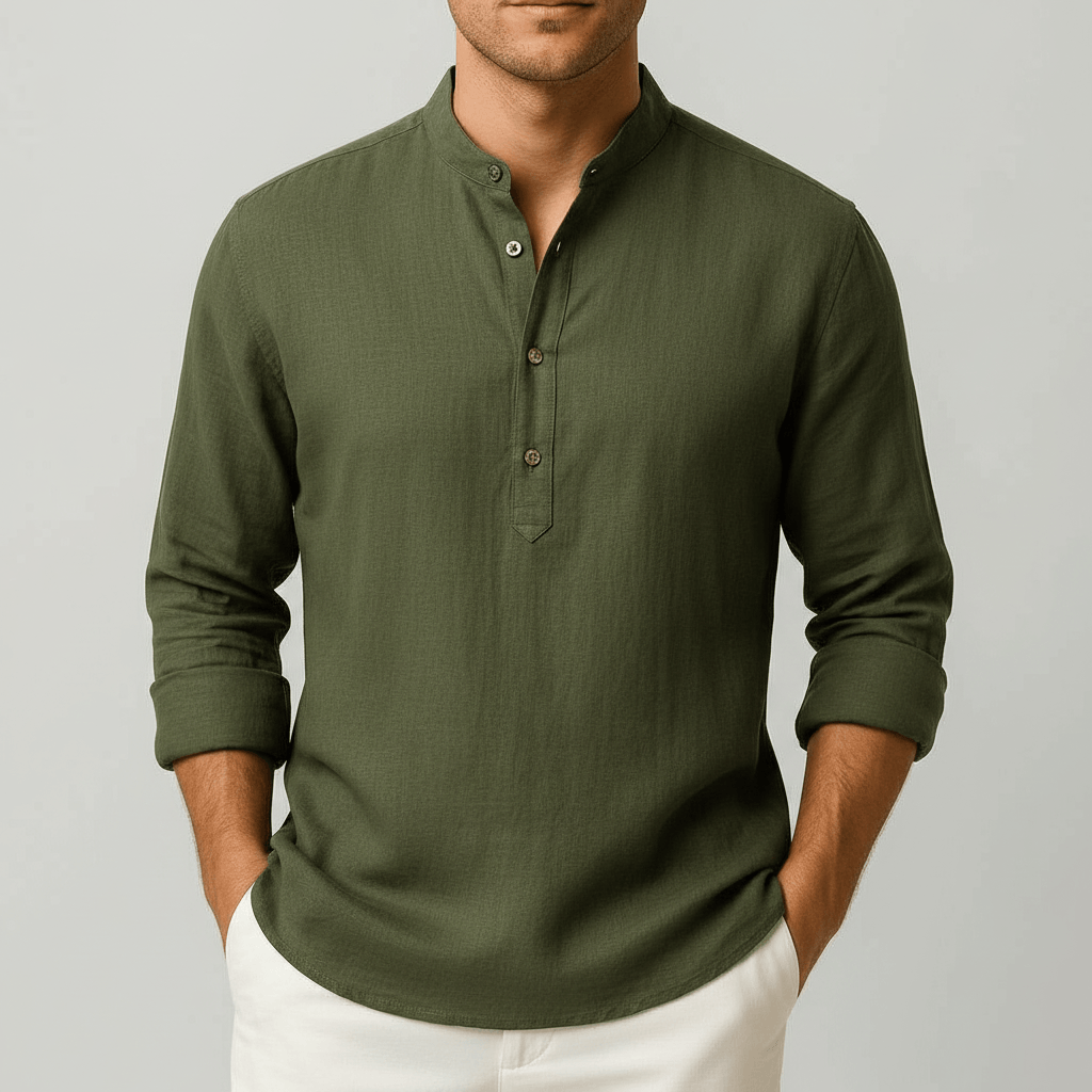Luke | Men's Relaxed Linen Grandad Collar Shirt - Army green