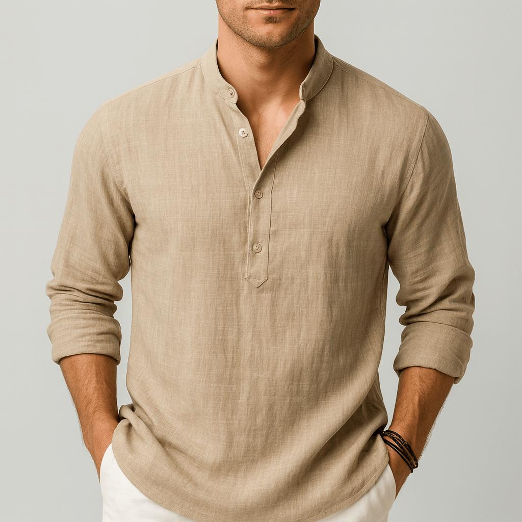 Luke | Men's Relaxed Linen Grandad Collar Shirt - Beige
