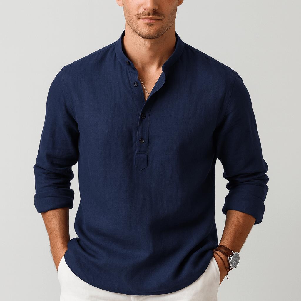 Luke | Men's Relaxed Linen Grandad Collar Shirt - Dark blue