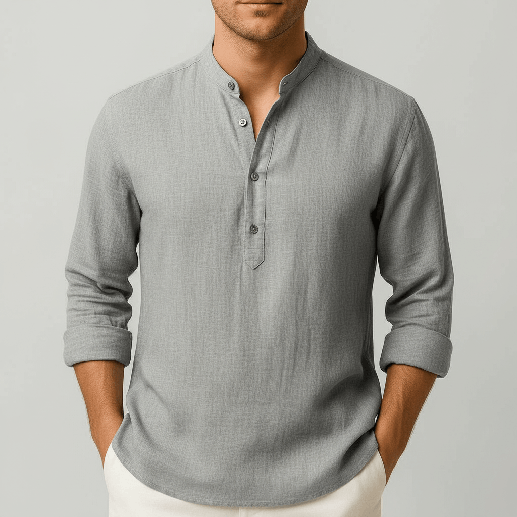 Luke | Men's Relaxed Linen Grandad Collar Shirt - Grey
