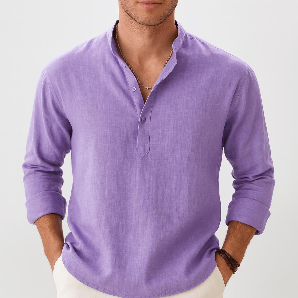 Luke | Men's Relaxed Linen Grandad Collar Shirt - Purple