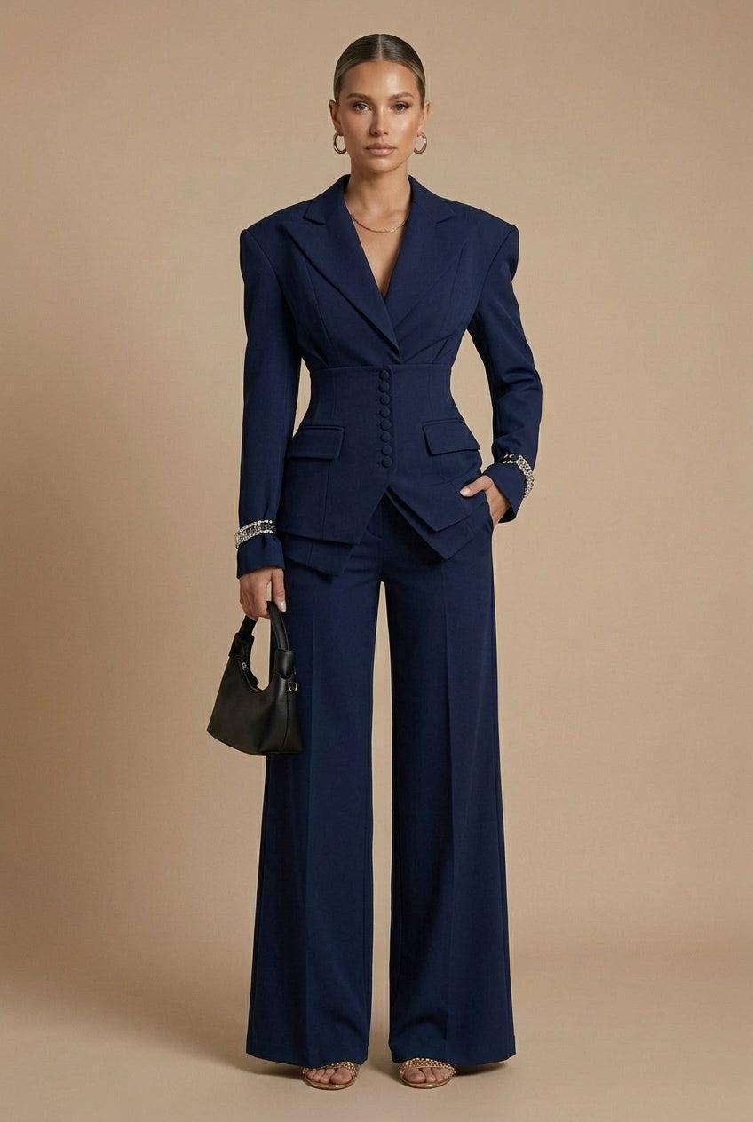 Molly | Women's Peak Lapel Wide Leg Trouser Suit - Navy blue