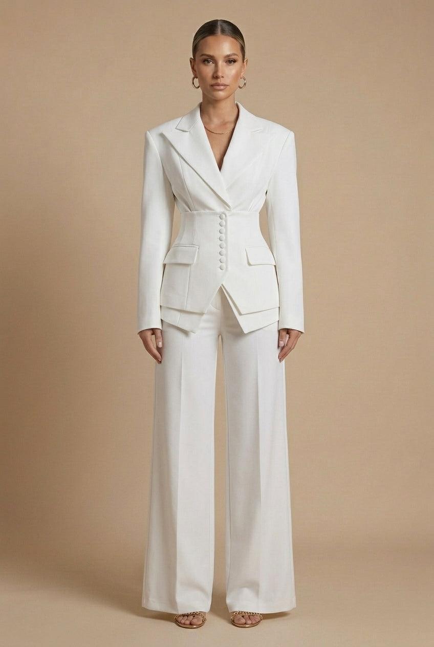 Molly | Women's Peak Lapel Wide Leg Trouser Suit - White