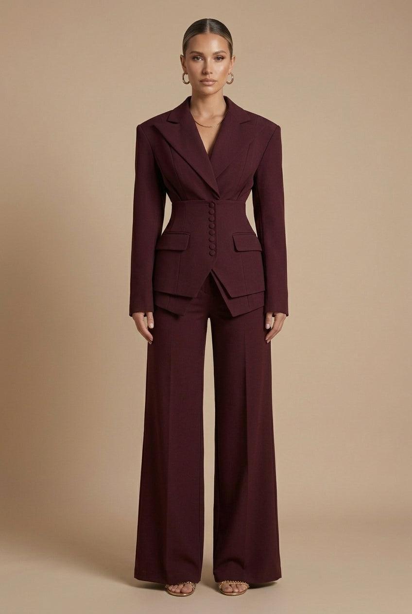 Molly | Women's Peak Lapel Wide Leg Trouser Suit - Wine red