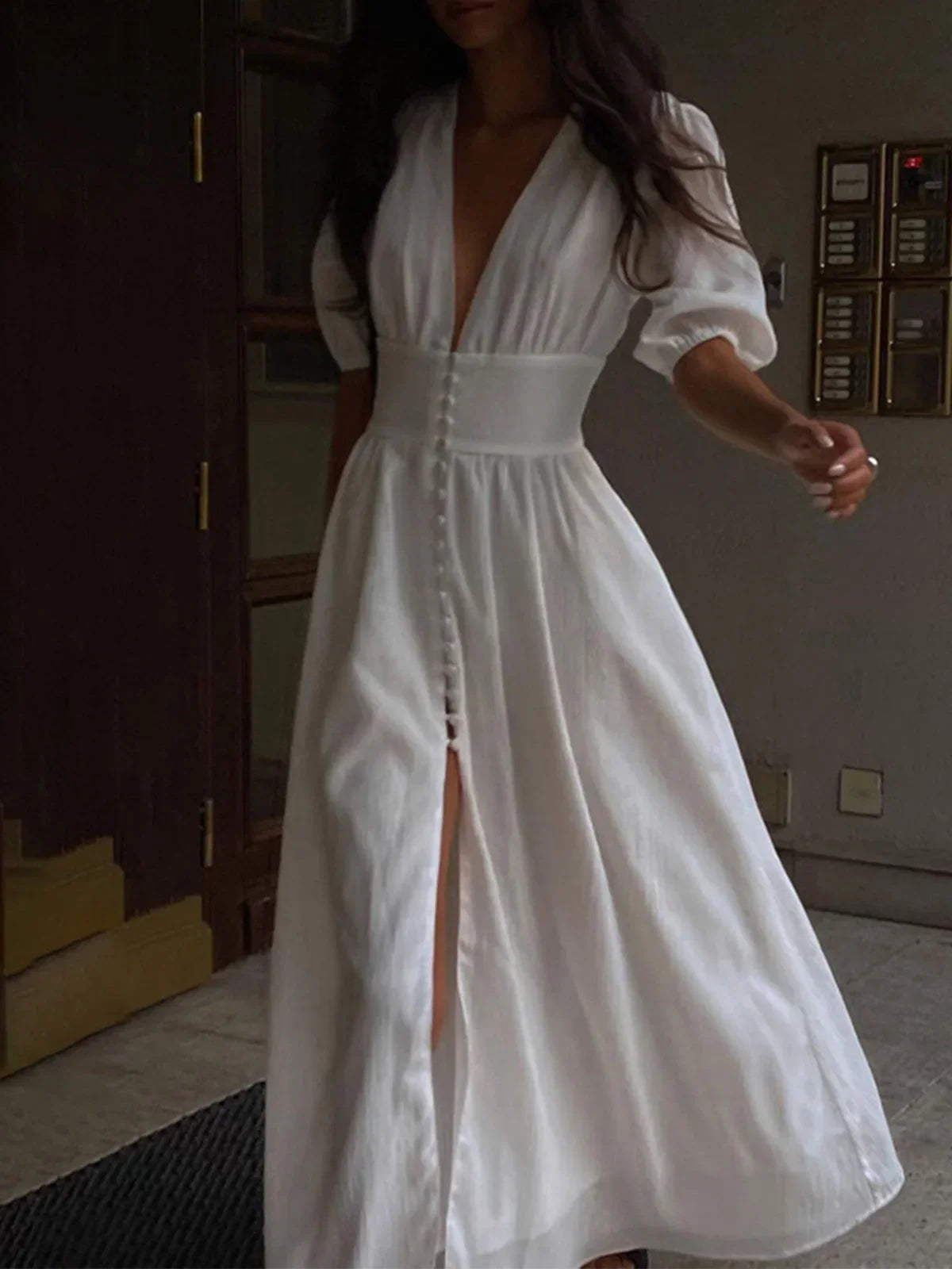 Rebecca | Women's Fitted Puff Sleeve Maxi Dress - White