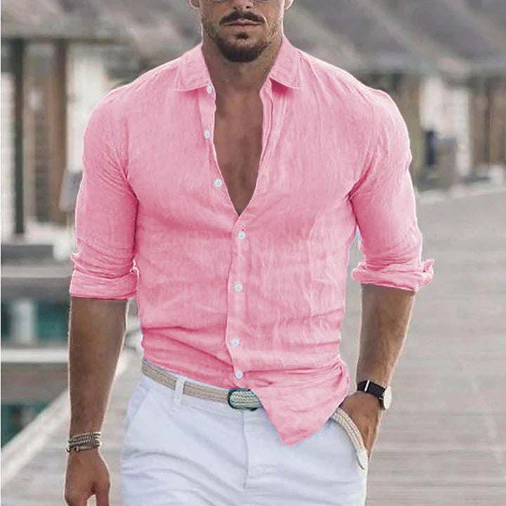 Rory | Men's Linen Camp Collar Shirt - pink