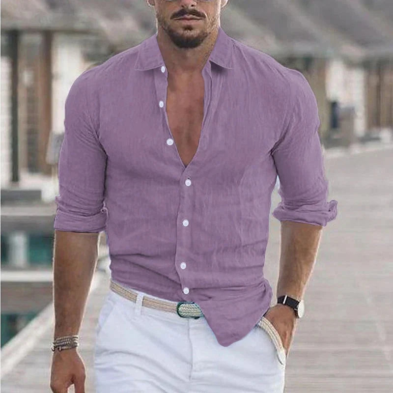 Rory | Men's Linen Camp Collar Shirt - purple