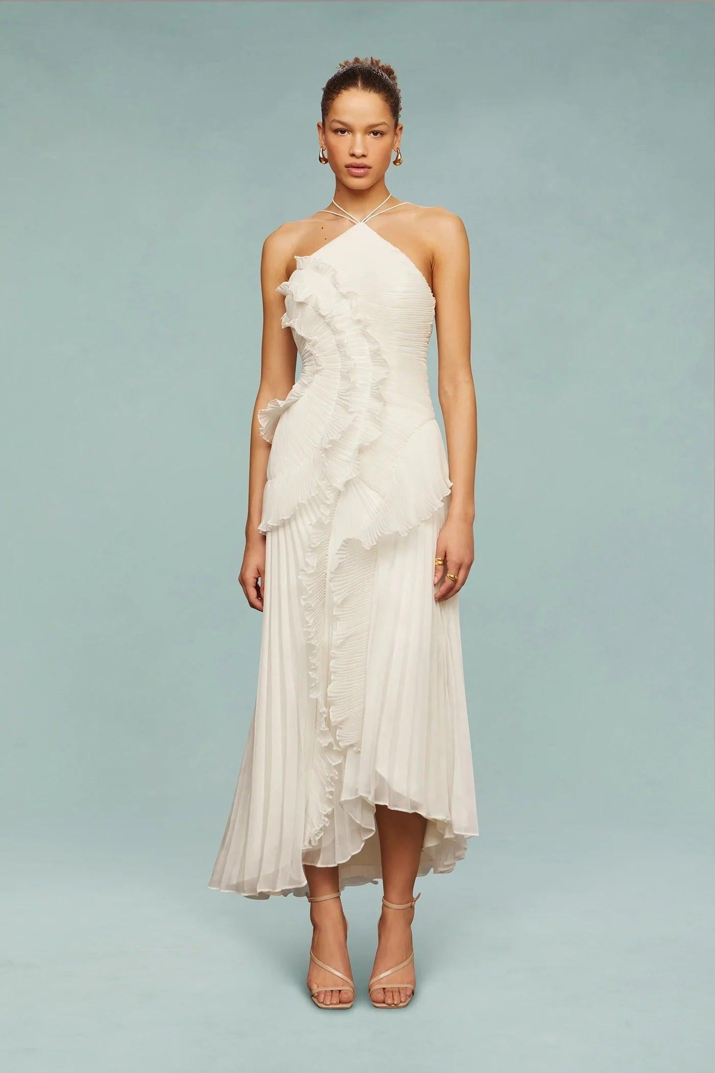 Rosie | Women's Pleated Ruffle Maxi Dress - White