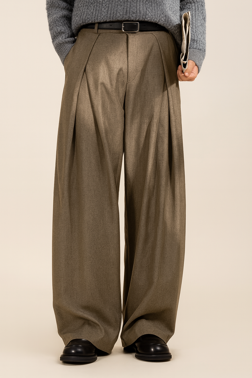 Ryan | Men's Wide Leg Pleated Suit Trousers - Light brown