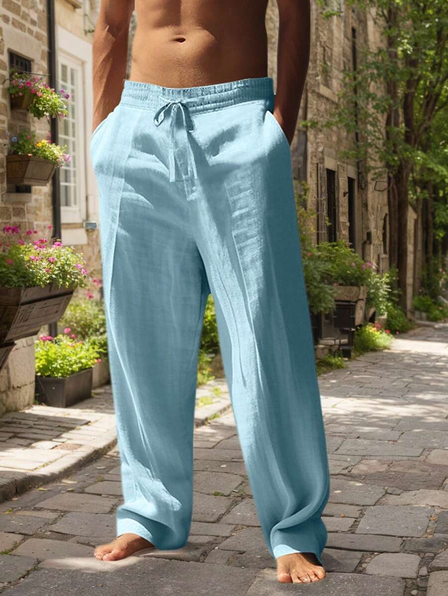 Sebastian | Men's Linen Drawstring Trousers - Baby blue