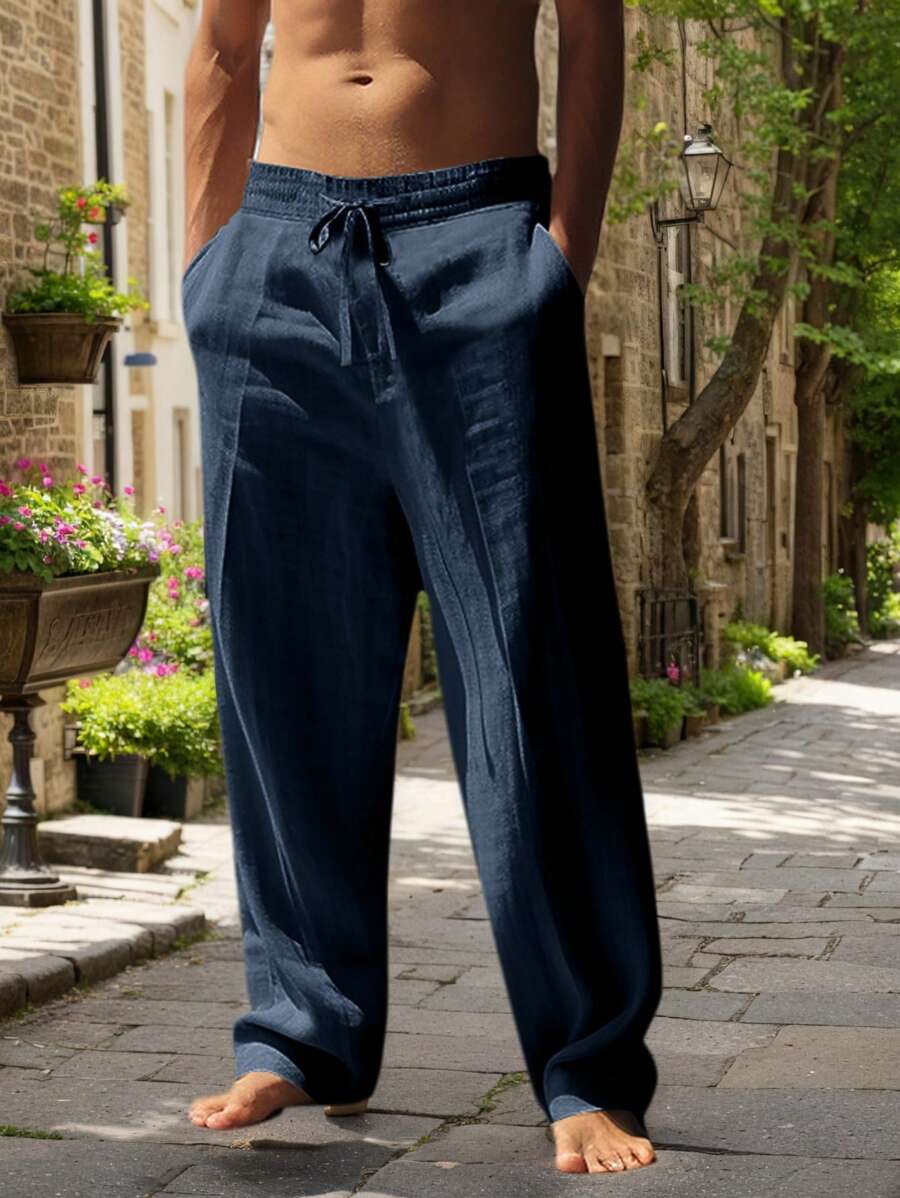 Sebastian | Men's Linen Drawstring Trousers - Dark blue