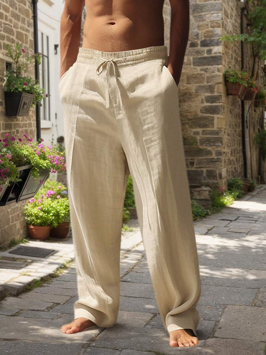Sebastian | Men's Linen Drawstring Trousers - Khaki