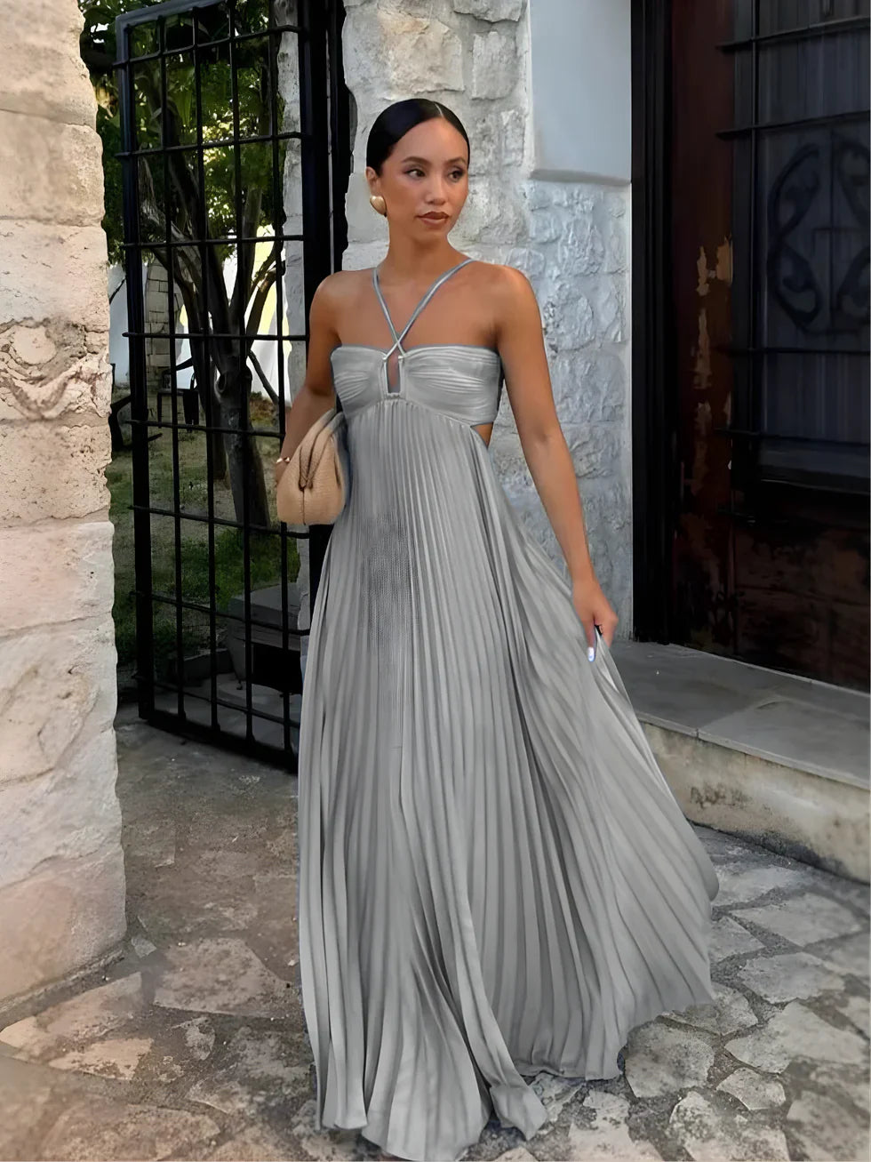 Sophie | Women's Halterneck Pleated Maxi Dress - Gray